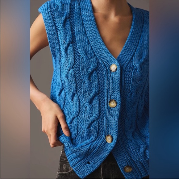 Anthropologie Pilcro Chunky Cable Knit Sweater Vest in Blue Sz M - Picture 2 of 11